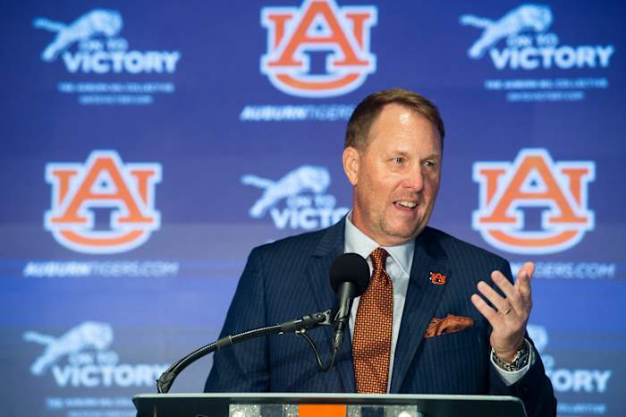 Auburn Tigers football coach Hugh Freeze is introduced at the Woltosz Football Performance Center in Auburn, Ala., on Tuesday, Nov. 29, 2022
